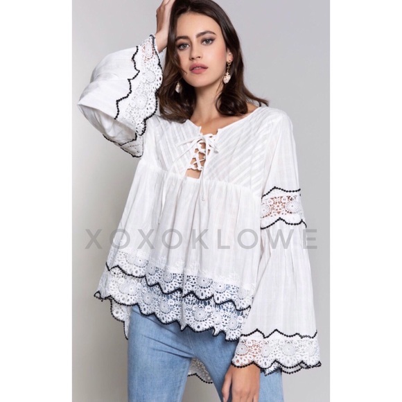 POL Star Patch Lace Long Sleeve Hooded Top